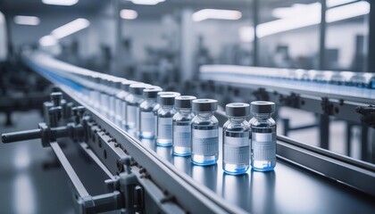 Fototapeta premium Medical vials moving on a production line conveyor belt in pharmaceutical healthcare factory manufacturing mass production prescription drugs medication 