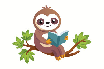 Cute Sloth Reading Book On Branch Tree Cartoon Vector Icon Illustration G.eps