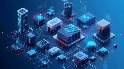 Futuristic digital data center with glowing servers and circuits in blue and neon accents.