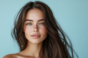 Close-Up of Woman with Long Brunette Hair and Confident Expression

