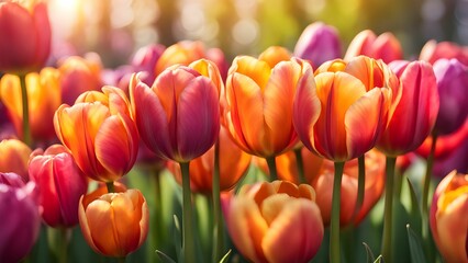 A field of colorful tulips in full bloom, bathed in warm sunlight, showcasing vibrant orange, pink, and purple hues.