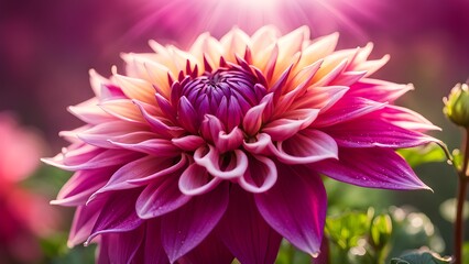 A vibrant pink and yellow dahlia flower blooms in a garden, backlit by a soft golden glow.