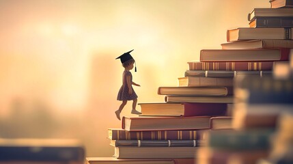 Child Walking Up Staircase Made of Books