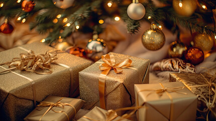 Christmas gifts at the foot of a Christmas tree or a Christmas fir tree