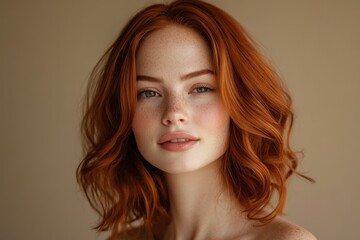 Naklejka premium Woman with Curly Auburn Hair in Motion Wearing Casual White Shirt