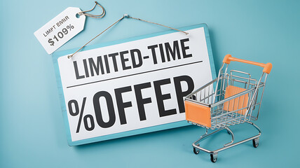 Limited-time offer sign with a shopping cart on a blue background, promoting urgency and sales. 
