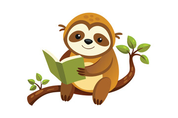 Cute Sloth Reading Book On Branch Tree Cartoon Vector Icon Illustration S.eps