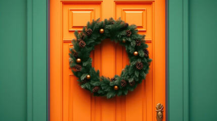 Christmas wreath with Christmas ornaments on a orange door