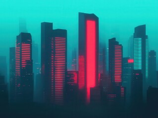 Obraz premium A futuristic city with tall, sleek skyscrapers powered by renewable energy sources, wind turbines and solar panels integrated, glowing neon accents