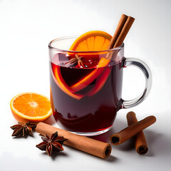 Warm Mulled Wine with Spices and  Orange on white background