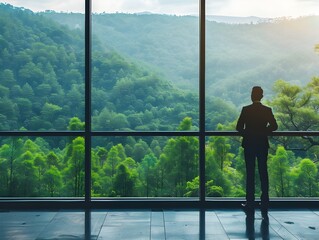 Fototapeta premium Businessman Contemplating the Balance Between Development and Conservation from Boardroom Window Overlooking Lush Forest Landscape