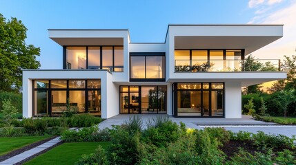 Fototapeta premium Modern architectural design of a stylish house with large glass windows surrounded by green landscaping.