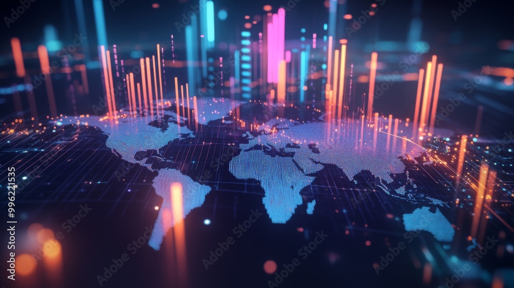 Fototapete a 3d bar graph floating above a world map, with different regions highlighted, showcasing global fin