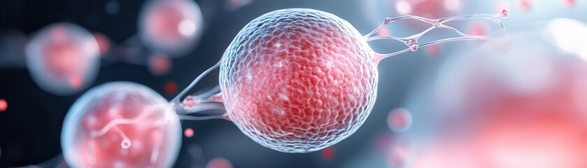 Close-up of a single cell with a red nucleus, surrounded by other cells.