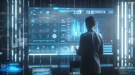 Businessman Showcasing Holographic Data Visualizations in Futuristic Boardroom