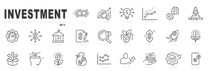 Set of investment related line icons. Finance, capital, profit, income, cash etc. Editable stroke. Set 2