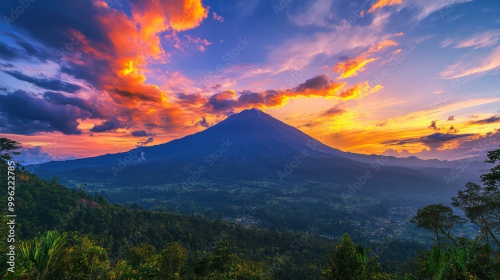 Sticker Dramatic Sunset Over A Volcano With Lush Green Foliage