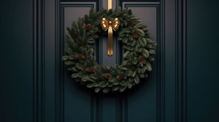 Christmas wreath with Christmas ornaments on a dark green door
