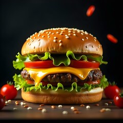 hamburger with flying tomatoes on black background