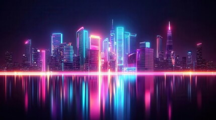 Fototapeta premium A futuristic cityscape with sleek, curved skyscrapers powered by wind and solar energy, glowing neon lights, energy-efficient and sustainable