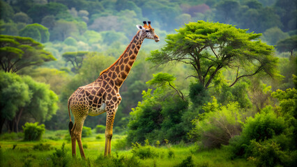 Obraz premium Giraffe standing tall among lush green trees, giraffe, wildlife, animal, nature, tall, trees, forest, Africa, safari