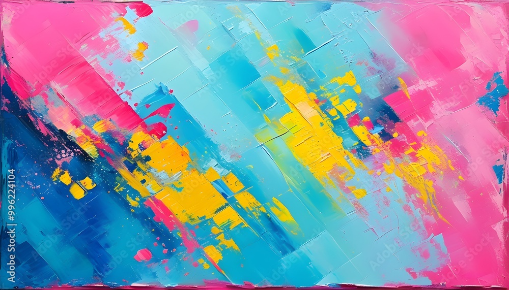 Canvas Prints Vibrant Abstract Oil Painting with Bold Strokes and Colorful Splashes in Pink, Blue, and Yellow