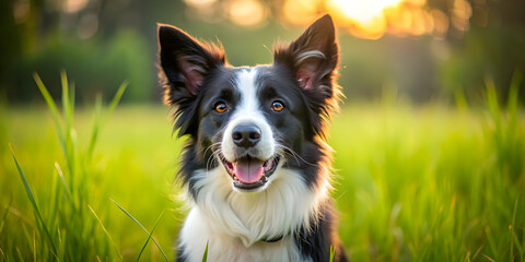 Adorable Border Collie with one ear raised in a grassy field , Border Collie, dog, cute, pet, one ear raised, grass