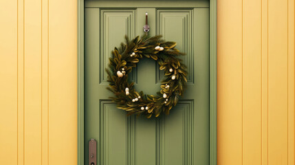 Christmas wreath with Christmas ornaments on a light yellow door