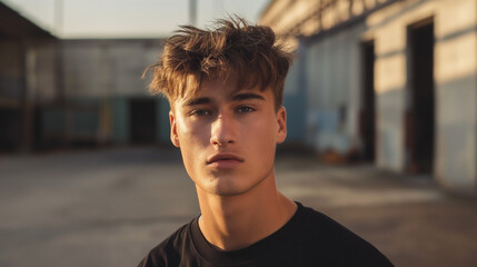 A photo of an attractive young man with short hair who looks at the camera and poses