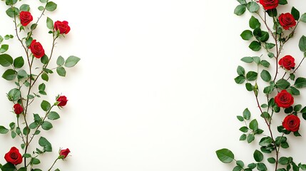 Red roses and green leaves elegantly frame a blank white space, perfect for romantic or floral-themed designs.