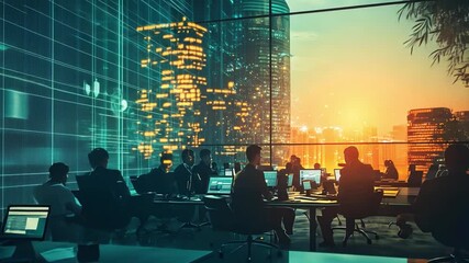 A business ecosystem summit, with leaders from various sectors discussing innovation and sustainability in a futuristic, eco-conscious setting.