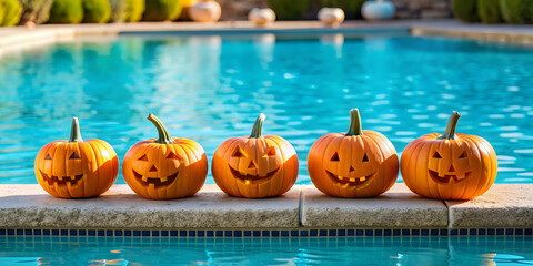 Group of jack-o'-lantern pumpkins on the edge of a swimming pool in summertime, pumpkin, jack-o'-lantern, swimming pool