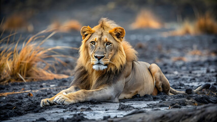 Obraz premium of a lion lying in black ash and cinders after a fire burned the savannah, lion, fire, burnt, destroyed, savannah