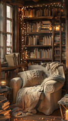 Cozy Reading Corner with Comfortable Chair and Stacks of Books  