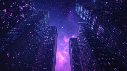 Obraz premium Skyscrapers Illuminating the Night Sky with Purple Lights
