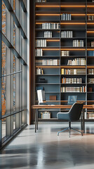 Modern Library with Sleek Design and Wall-to-Wall Bookshelves  