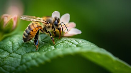 A bee collecting pollen while resting on a flower petal that sits atop a large green leaf, showing the harmony of insects and nature in a macro shot