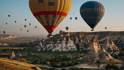 Obraz premium Stunning Aerial Views of Cappadocia with Hot Air Balloons Enhancing the Landscape