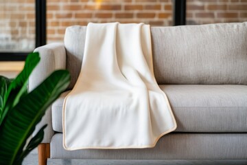 A cozy, cream-colored blanket drapes over a light gray sofa, complemented by a green plant and a backdrop of exposed bricks.