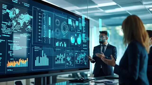 An illustration of a business ecosystem on a big screen, featuring a group of experts debating cooperative tactics in a technologically advanced workplace.