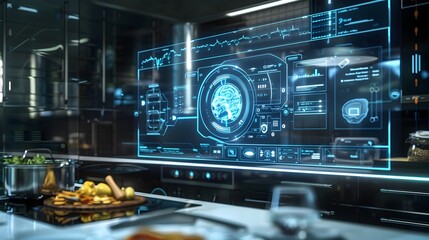 Obraz premium Futuristic Holographic Interface Showcasing Recipes Cooking Times and Ingredients in a Smart Kitchen