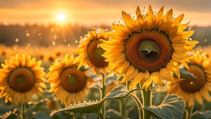 Obraz premium A field of sunflowers at sunrise with dew drops on the petals.