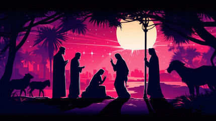 Illustration of the nativity in dark magenta tones