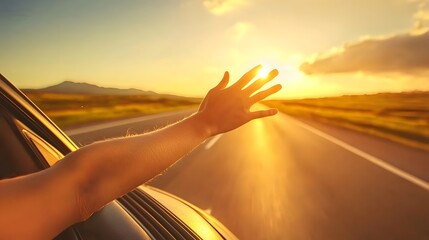 A joyful hand reaches out from a car window, embracing the golden sunset.