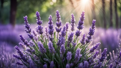 Fototapeta premium A close-up of purple lavender flowers blooming in a field with the sun shining through the background.