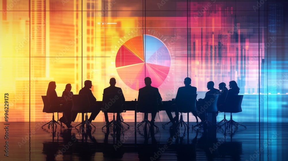 Aufkleber A business meeting in a conference room, with a large screen displaying a 3D pie chart while team members discuss strategies, highlighting teamwork and collaboration in finance.