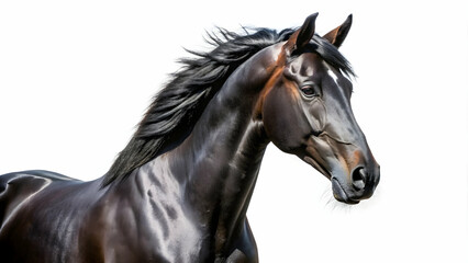 Black horse with sleek coat and intense expression isolated on white background, wildlife, animal, stallion