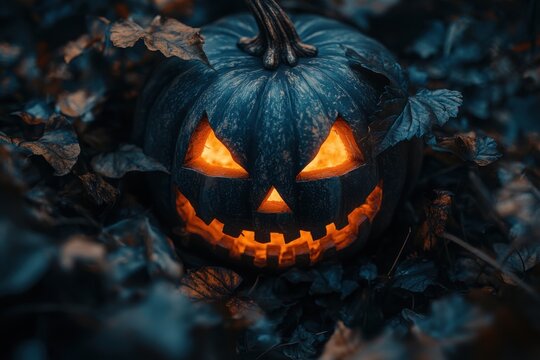 Halloween pumpkin illuminated in dark foliage, creating a spooky ambiance.