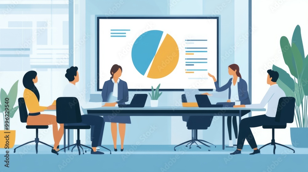 Poster A business meeting in a conference room, with a large screen displaying a 3D pie chart while team members discuss strategies, highlighting teamwork and collaboration in finance.