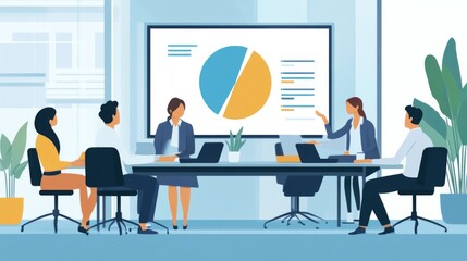 A business meeting in a conference room, with a large screen displaying a 3D pie chart while team members discuss strategies, highlighting teamwork and collaboration in finance.